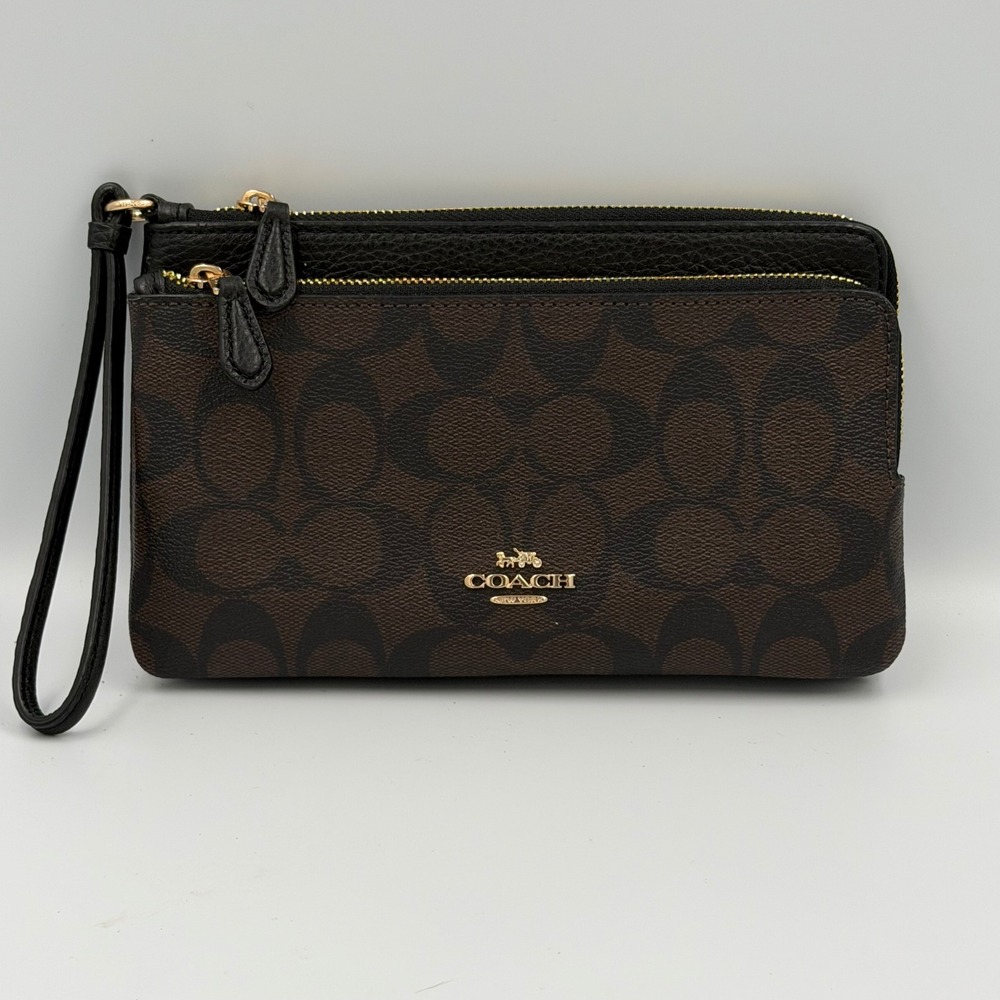 Coach C5576 Signature Double Zip Wristlet Brown Black Canvas NWT Wallet Zip